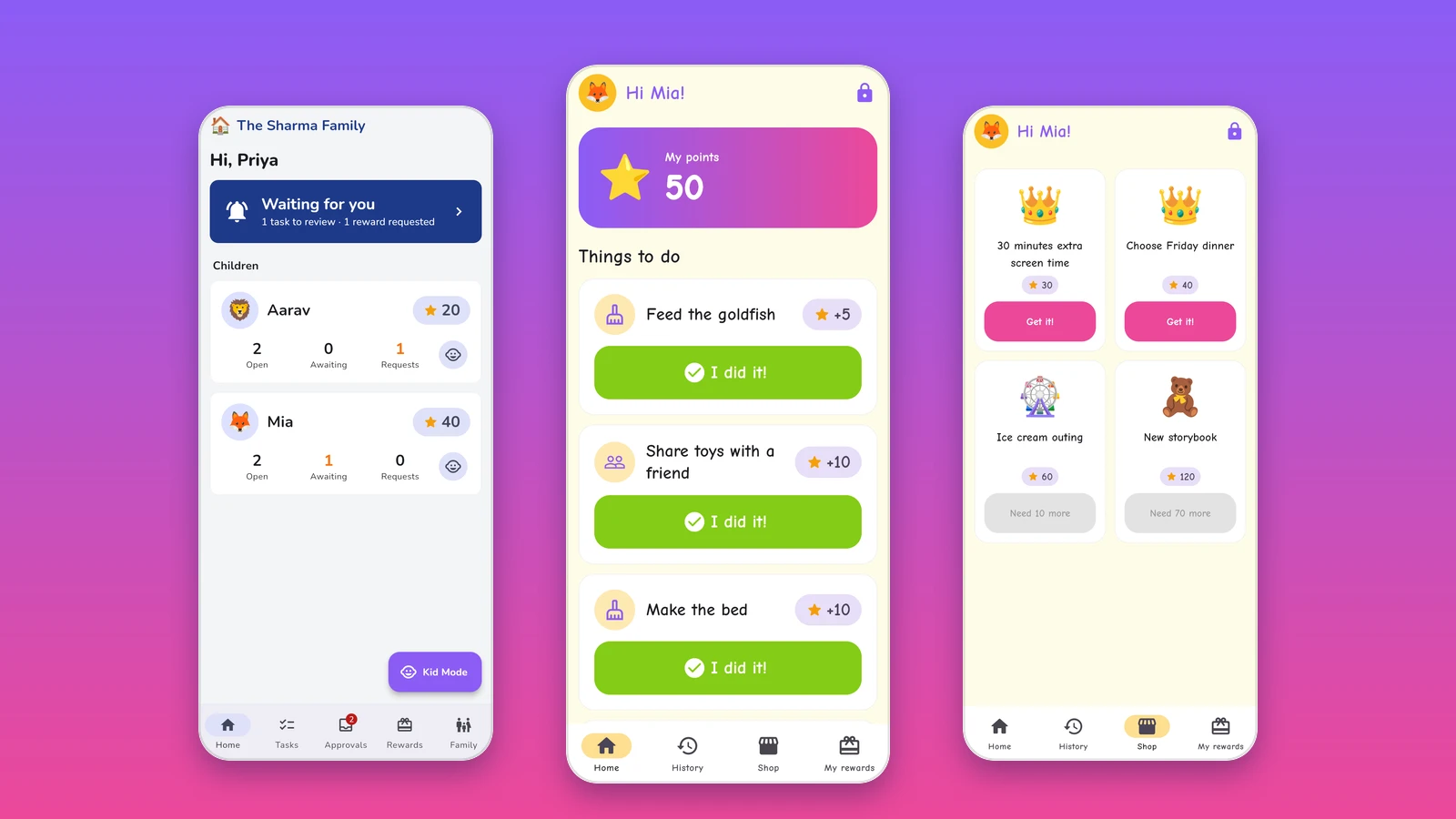 Kidoit screens: a parent's home screen, a child's to-do list and the rewards shop